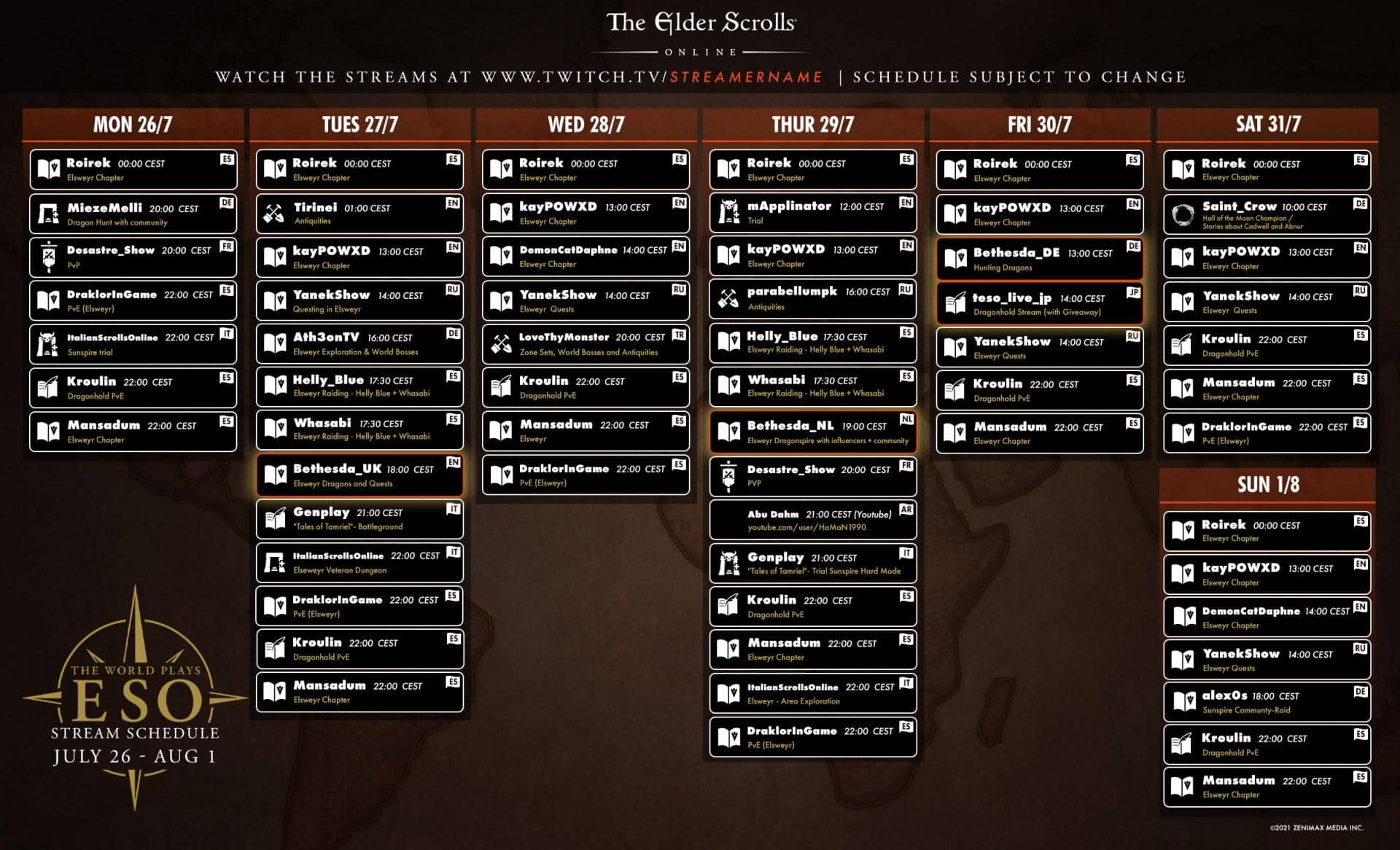 The World Plays ESO: July 19-August 1 Schedule & Participants - The
